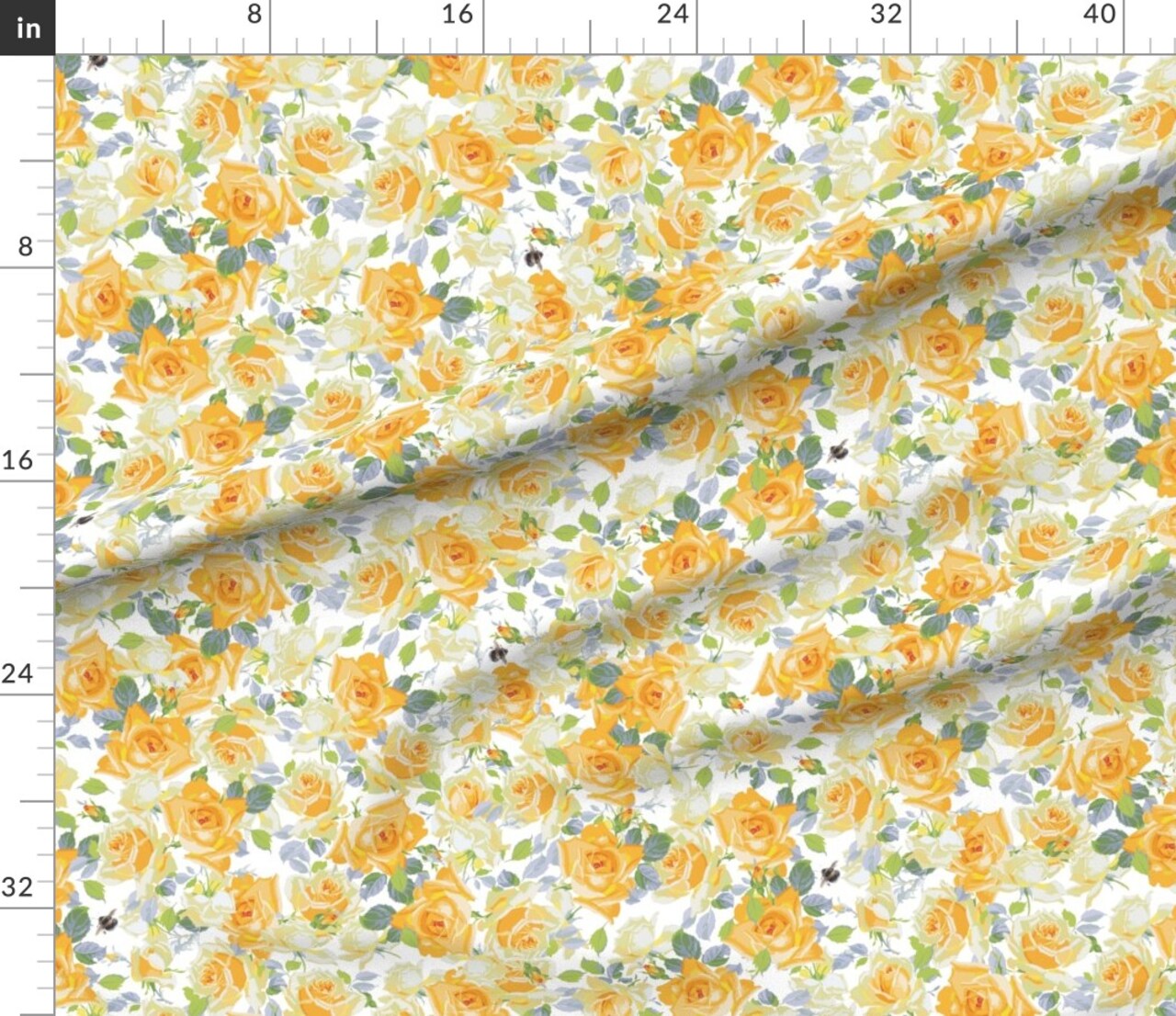 White Floral Flowers Yellow Roses Garden Bee Custom Printed Fabric by Spoonflower Various Fabrics by the Yard or Fat Quarter